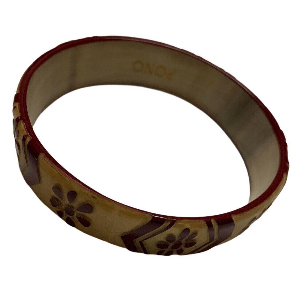 Pono Carved Bangle Bracelet Red Floral Diamond 1.5